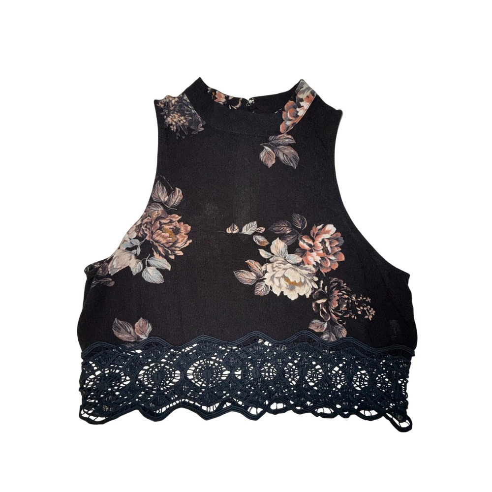 Kendall & Kylie Womens Floral High Neck Crop Top Lace Hem Black Large RN090233